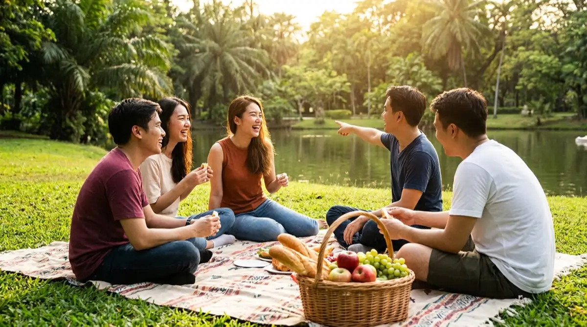 Amigos fazendo piquenique na grama de um parque em uma tarde de sol