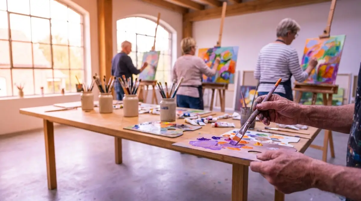 Pessoas pintando telas em cavaletes em uma oficina de arte