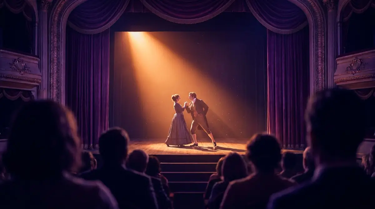 Plateia assistindo a um espetáculo de teatro iluminado por um refletor