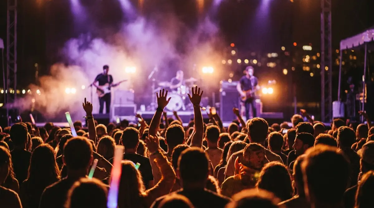 Público com as mãos para o alto em um show ao ar livre à noite