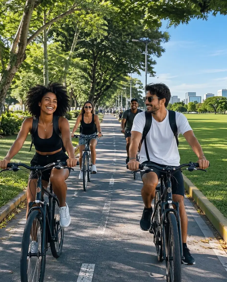 Amigos pedalando juntos em uma ciclovia arborizada