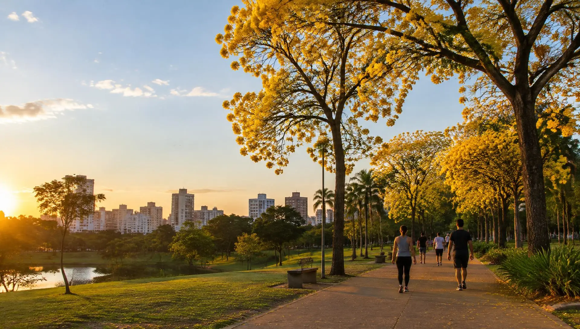 Parque arborizado com ipês amarelos ao entardecer